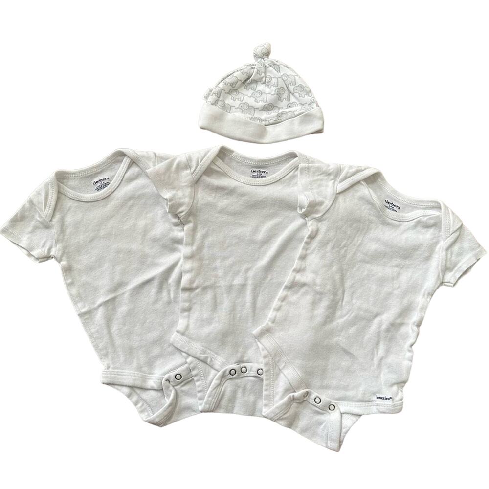 Gerber white onesie bodysuit bundle, size 3-6 months (set of 3 + hat)